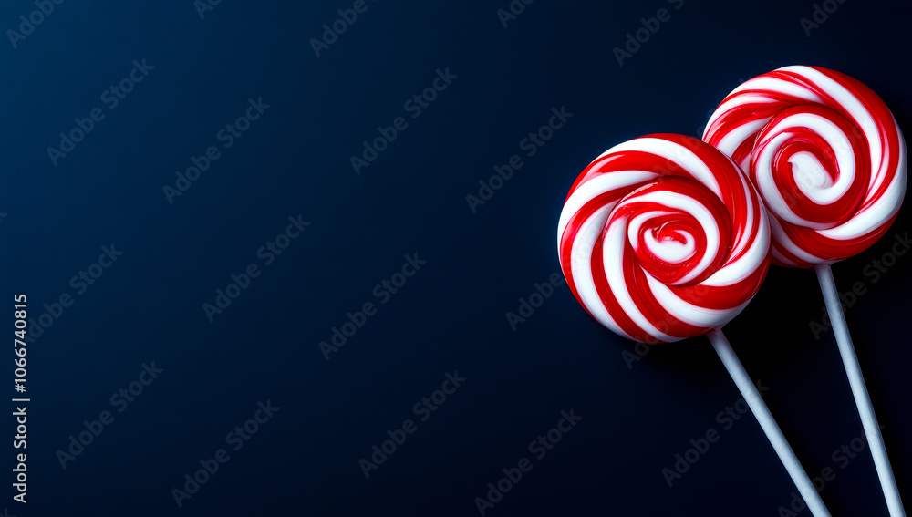 Poster two red and white lollipops on a blue background. the lollipops are placed close to each other, crea