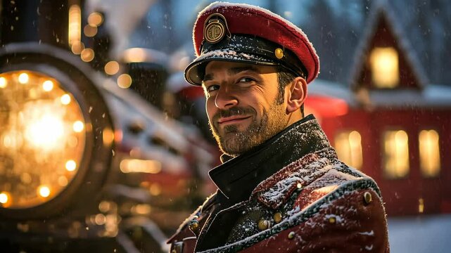 A man in a red cap stands near a train with a warm smile on his face in the snow