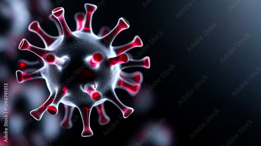 Poster a close up of a virus with red spikes. the virus is surrounded by a black background. concept of dan