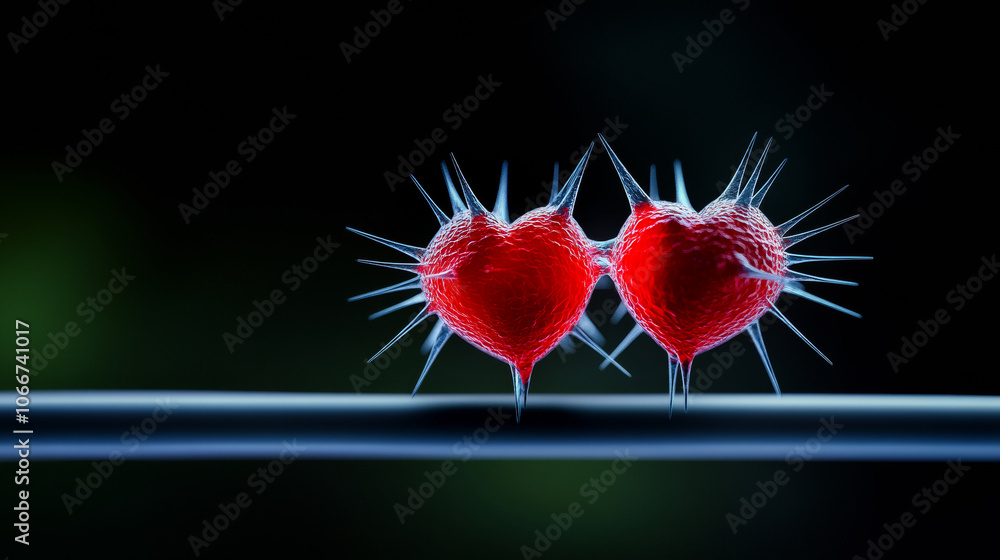 Poster two hearts with spikes on them. the spikes are red and the hearts are red. the image is of a close u