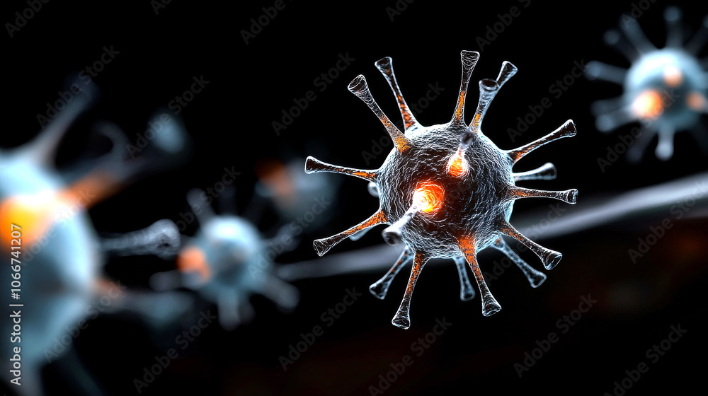 Poster a close up of a virus with a glowing center. the virus is surrounded by other viruses, creating a se