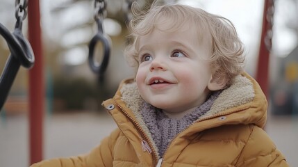 A young boy with blond hair wearing a brown jacket looks up, smiling.