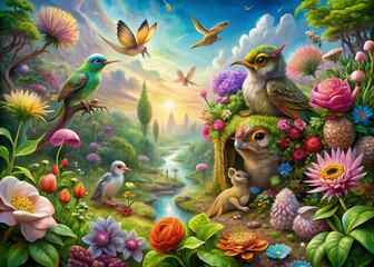 Surreal Nature: Nurturing New Life in a Dreamlike World of Flora and Fauna, Embracing Growth, Harmony, and the Cycle of Life in an Enchanting Landscape