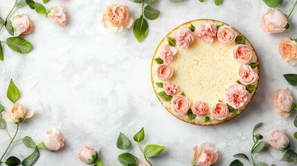 Elegant Cake Decorated with Roses on White Table