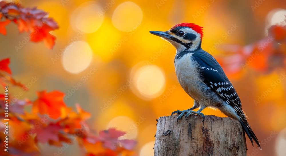 Poster a bird with red feathers stands on a log in front of a tree with orange leaves. the bird is looking 
