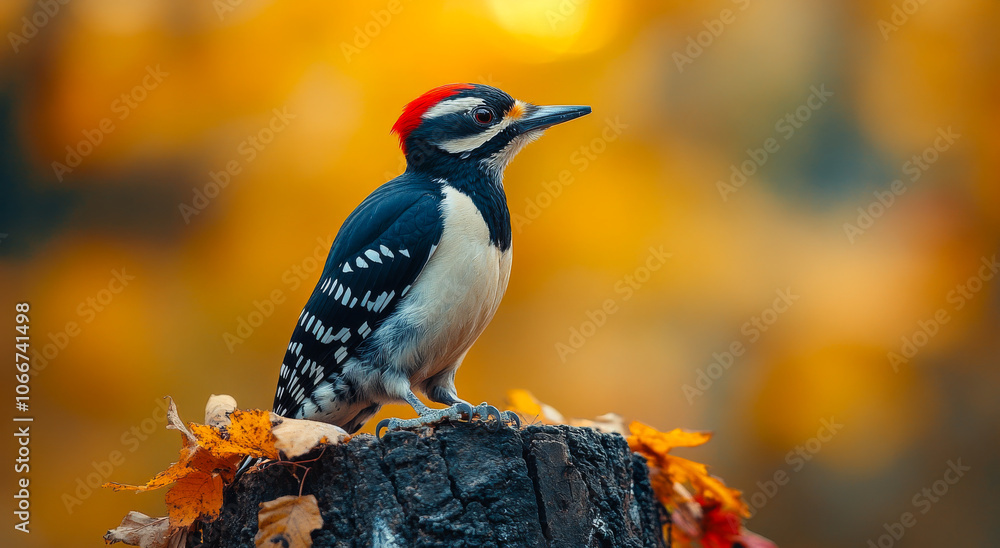 Poster a black and white bird with red markings stands on a log. the bird is perched on a log with leaves o