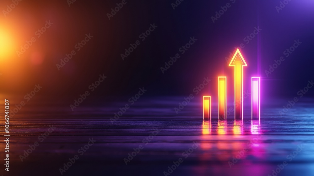 Poster visualize upward growth with a glowing bar chart and arrow in dark graphic design