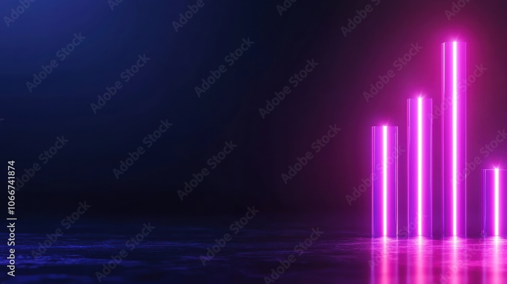 Poster analyze upward trends using neon tech-inspired bar charts with rising arrows in finance visualizatio