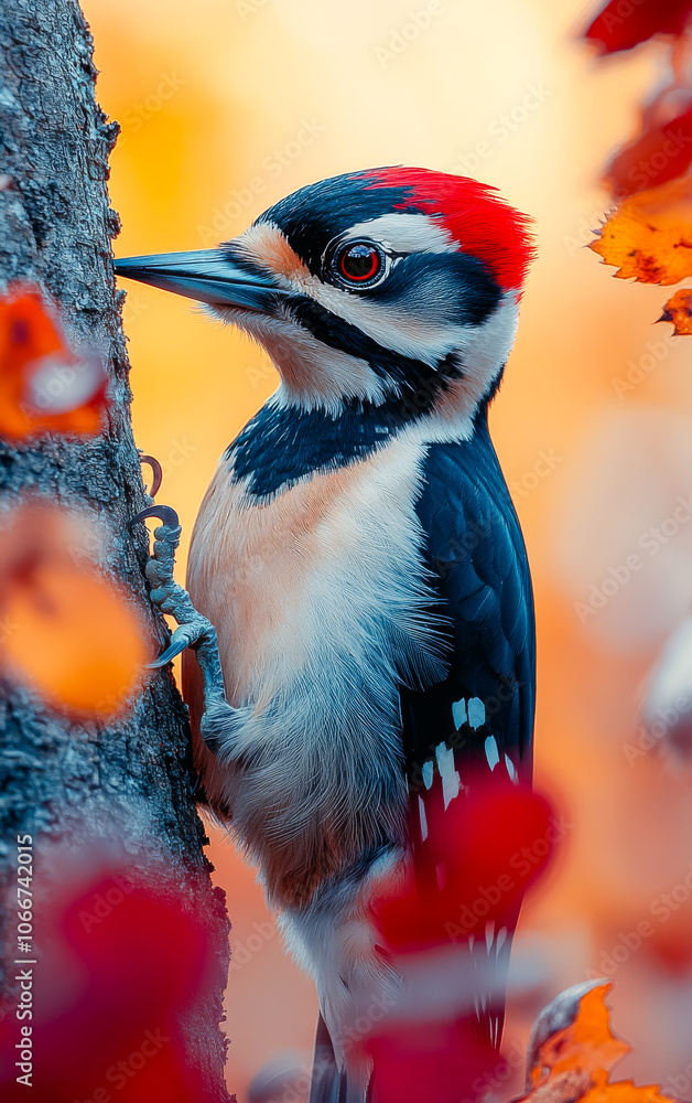 Poster a small bird with a red head and black and white feathers is perched on a tree branch. the bird is l