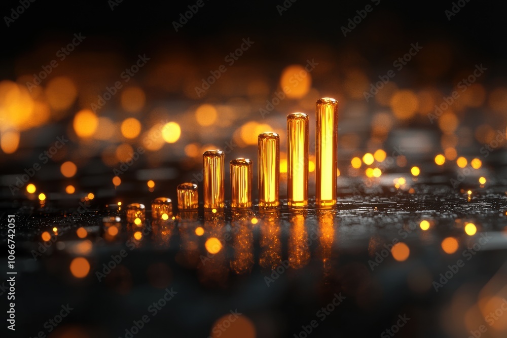 Poster the trending bar chart with a sharp upward arrow in high fidelity metallic and glass design