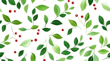 A seamless pattern of green leaves and red berries on a white background, creating a fresh and nature-inspired design.