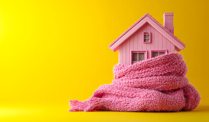 A pink house is covered in a pink blanket. The house is on a yellow background