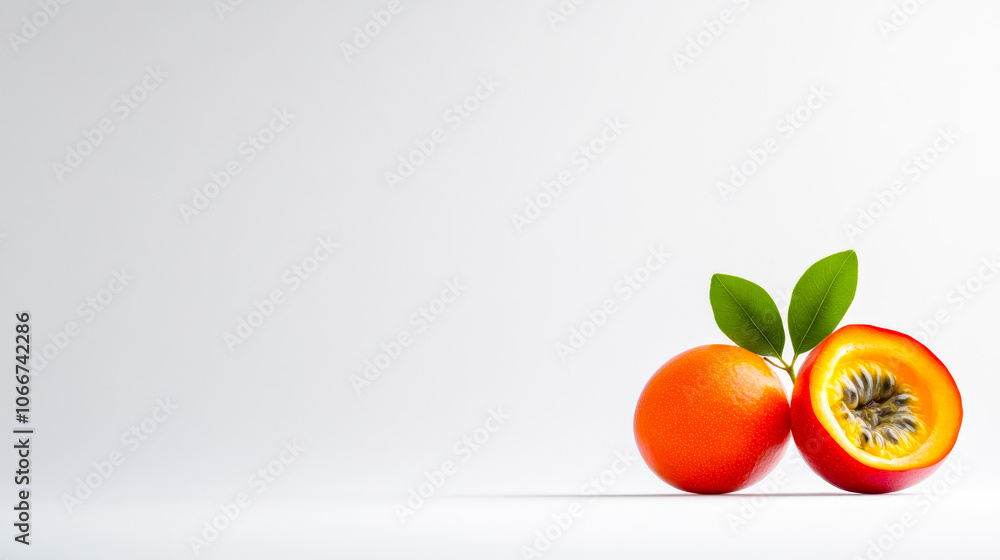 Poster two oranges with a leaf on top of them. the oranges are cut in half and one of them is open. the ima