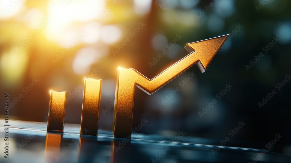Poster visualize growth with a colorful bar chart featuring an upward arrow trend in abstract style
