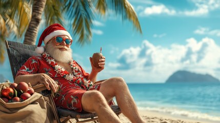 Santa Claus in a red hat, Hawaiian shirt, lounging on a beach, with sack of gifts and coconut drink