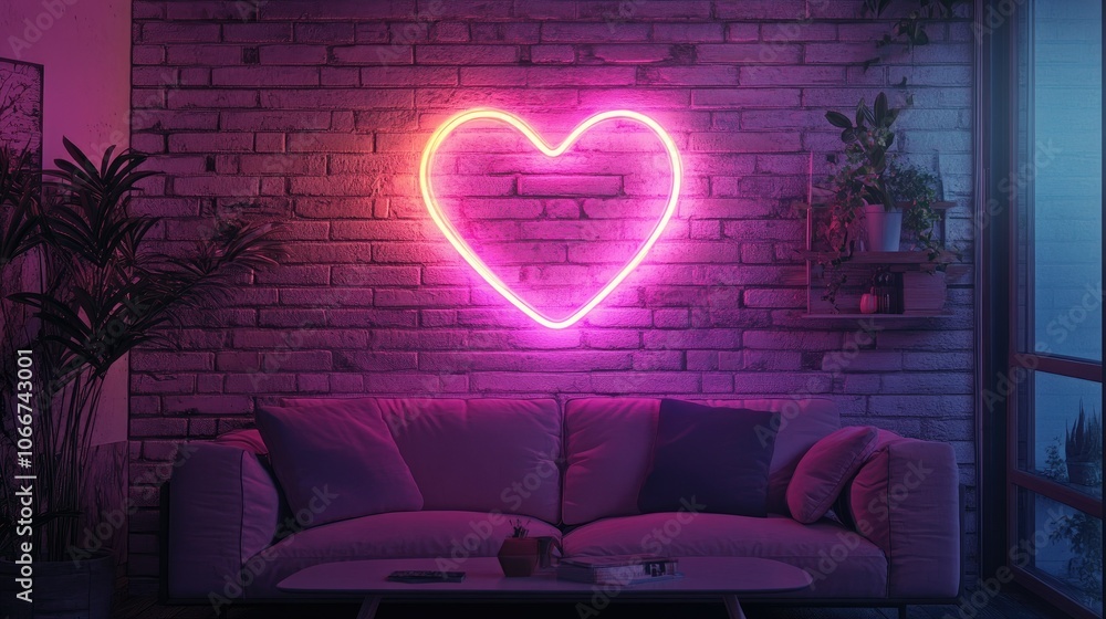 Wall mural Neon Heart Light in Cozy Living Room Ambiance