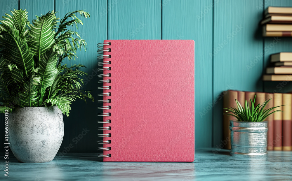 Poster a pink spiral notebook sits on a table next to a potted plant and a stack of books. the notebook is 
