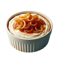 French onion dip in a white bowl, with caramelized onions on top, on transparent background.