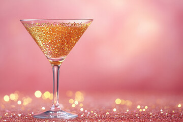 Martini glass with gold glitter dust on pink table background with glitter and blur. Copy space. New Year Sale. Merry Christmas. Holiday. Generated by artificial intelligence
