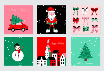 Vector set of Christmas holiday greeting cards with red car, Santa, winter town, bows, Christmas tree on colorful backgrounds. Hand drawn holiday cards