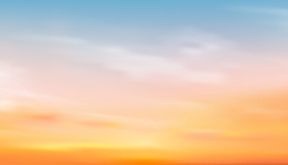 Sunset Sky for Summer Background,Beautiful Autumn orange, yellow sunrise sky, cloud over sea,Vector Winter sky with blue, pink pastel color in evening,Horizon Nature Spring landscape with sunlight