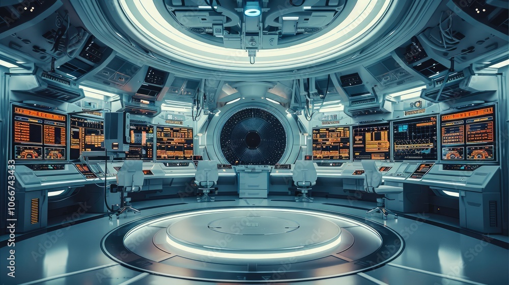 Aufkleber a futuristic spaceship control room with live threat detection, encryption, and compliance check sys