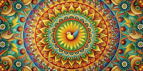 Surreal Sunny Mandala Art Design for Unique Prints - Vibrant Circle Patterns and Symbolic Elements for Home Décor