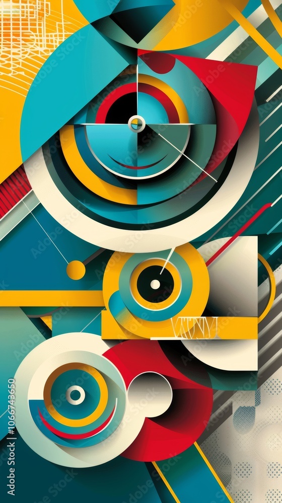Poster dynamic abstract design featuring vibrant geometric shapes with overlapping circles, triangles, and 
