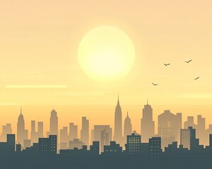 City skyline illuminated by a vibrant sunset with silhouetted buildings and flying birds