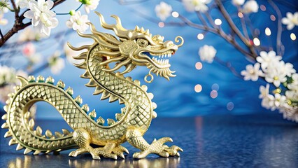 Fototapeta premium Chinese new year golden dragon figurine surrounded by beautiful flowers, set against a vibrant blue background. Perfect for cultural and decorative themes.