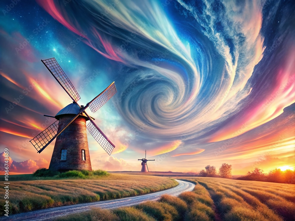 Aufkleber surreal windmill dreamscape with distorted blades in a futuristic landscape, evoking a sense of move