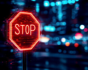 Stop sign illuminated at night with blurred background.