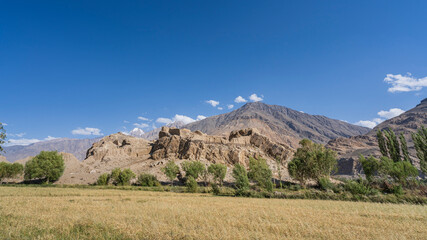 Scenic landscape view of ancient Kahkaha silk road fortress in Wakhan corridor, Ishkashim, Gorno-Badakhshan, Tajikistan Pamir