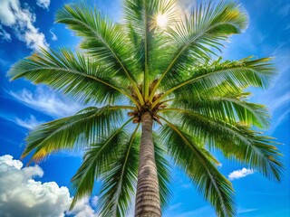 Fototapeta premium Tall Palm Tree Against Bright Blue Sky - Tropical Landscape Photography, Lush Fronds, Exotic Nature, Summer Vibes, Outdoor Serenity, Scenic Beauty, Sunshine, Vibrant Colors, Vacation Dreamscape