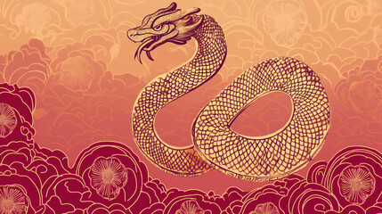 Obraz premium Artistic illustration of a snake on a red background for Chinese New Year, showcasing intricate line work and traditional floral motifs in a stylized, oriental design..