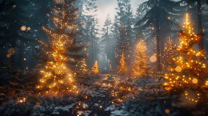 Magical Forest with Christmas Trees and Blurry Glowing Lights