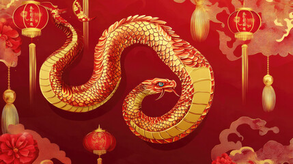 Fototapeta premium Golden snake with lanterns and floral decorations on a red background, symbolizing Chinese New Year celebrations, luck, and festivity..