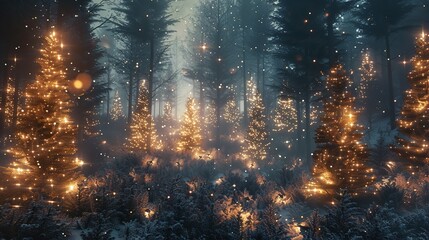 Fototapeta premium Magical Forest with Christmas Trees and Blurry Glowing Lights