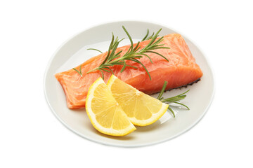 Red fish. Raw salmon fillet with rosemary and lemon on plate isolated on white background.