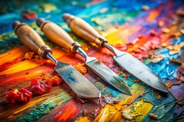 Obraz premium Three Palette Knives on Artist Canvas with Oil Paint - Creative Art Tools, Tilt-Shift Photography, Artistic Textures, Vibrant Colors, Studio Still Life