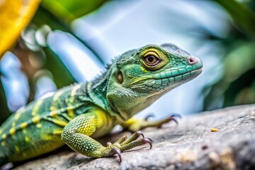 Tilt-Shift Photography of a Green and Yellow Neck with a Yellow Spine, Captivating Macro View of Nature's Unique Reptile Features, Ideal for Wildlife Enthusiasts and Nature Lovers