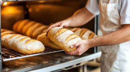 A baker carefully removes freshly baked bread from the oven, showcasing golden crust and fluffy texture.