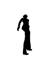 Silhouette of a girl in trousers, shirt and glasses. The girl stands with one leg forward and one hand on her hip. Vector illustration.