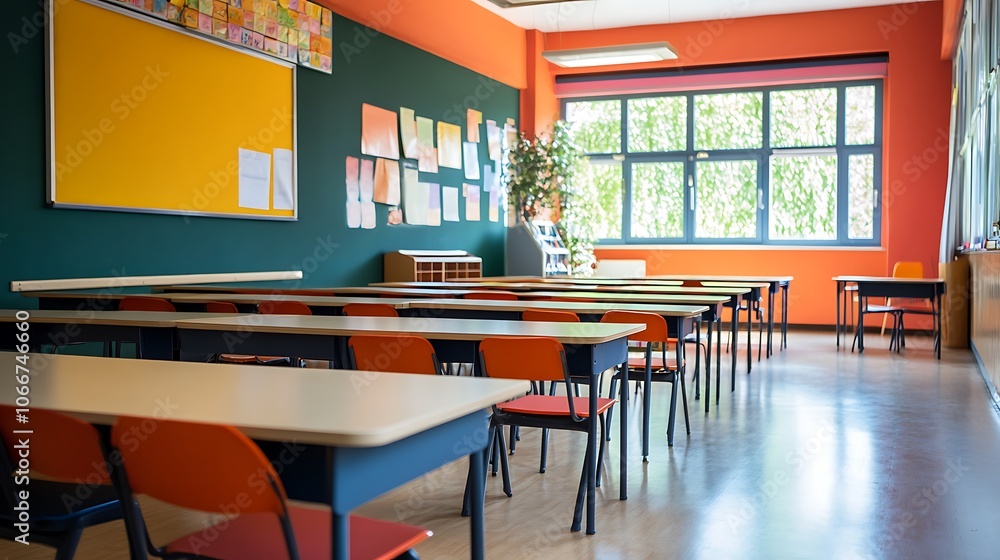 Poster empty classroom with rows of desks and chairs