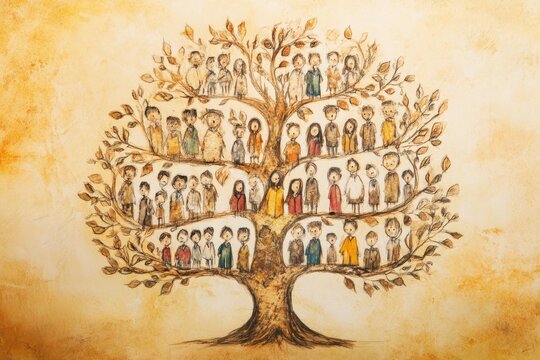 A colorful illustration of a family tree with many individuals