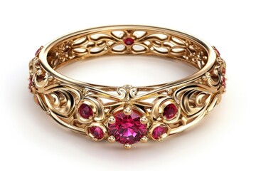 Close-up shot of a golden bracelet featuring pink gemstones