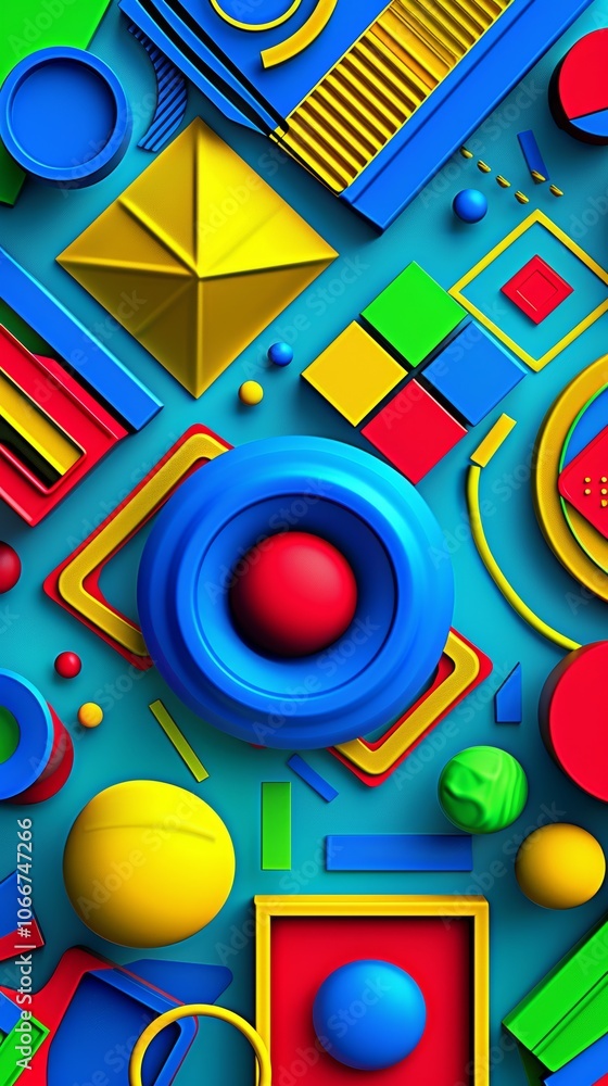 Poster vibrant abstract design featuring geometric shapes in a variety of colors, showcasing overlapping ci