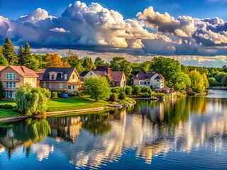 Fototapeta premium Tranquil Lakefront Homes Surrounded by Lush Greenery Under an Ominous Sky – Summer Landscape