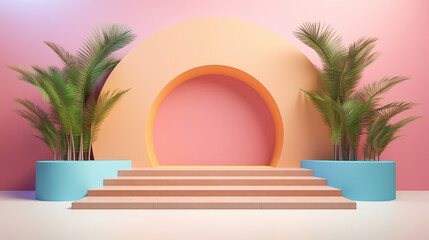 Obraz premium Abstract colored bright background for presentation with palm leaves, summer round empty podium. Product display presentation, advertising, mockup, showcasing. 
