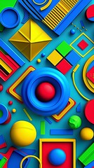 Obraz premium Vibrant abstract design featuring geometric shapes in a variety of colors, showcasing overlapping circles, triangles, and squares against a dynamic patterned background